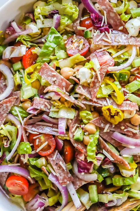 Italian Chopped Salad — Wholesome Kitchen Side Salad Recipes Italian, Healthy Italian Chopped Salad, Chopped Salami Salad, Salami Chickpea Salad, Italian Chop Salad Recipes, Italian Summer Salads, Italian Meat Salad, Big Italian Salad, Loaded Italian Salad