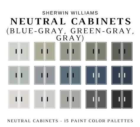 The PDF contains EVERYTHING you need to KNOW about Sherwin Williams NEUTRAL KITCHEN CABINET, BATHROOM VANITY, or BUILT-IN SHELVES Paint Colors! It includes a list of 15 complementary Sherwin Williams NEUTRAL CABINET Paint Colors (green-gray, blue-gray, navy blue, gray, black) that will best work in a home. This is a PREPACKAGED Color Palette Selection Listing that includes the Sherwin Williams complementary color recommendations of those cabinets with respect to HARDWARE options, BACKSPLASH TILE Blue White Wash Kitchen Cabinets, Blue Counters In Kitchen, Mitch Cabinet Colors, Sage Blue Kitchen Cabinets, Two Tone Kitchen Cabinets Black Hardware, Boothbay Gray Sherwin Williams, Analytical Gray Cabinets, Sage Color Cabinets Kitchen, Best Grey Cabinet Paint Colors