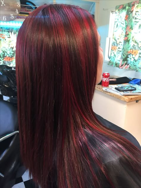 Red Strands In Brown Hair, Red Hair With Black Highlights, Red Hair With Lowlights, Red Hair Streaks, Red Highlights In Brown Hair, Red Balayage Hair, Skunk Hair, Short Scene Hair, Hair Color Underneath