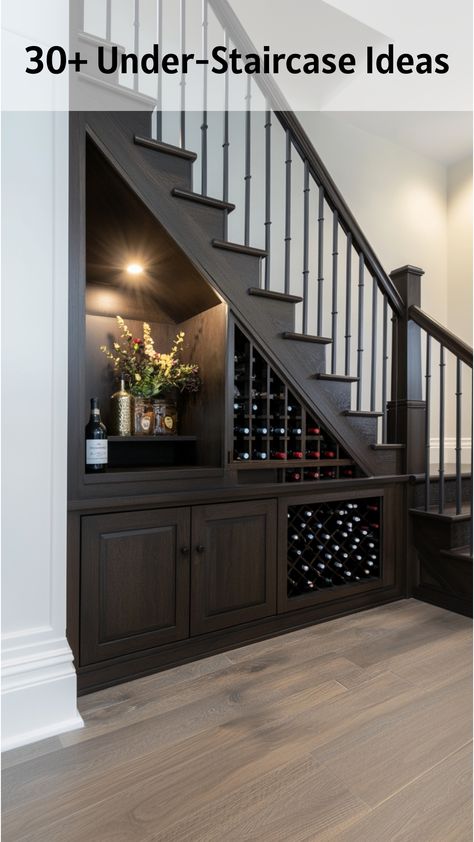 Cleverly designed under-stair pantry with open shelving for snacks, canned goods, and jars. Features integrated lighting, a small drawer, cupboard, and a chalkboard for notes. Dark wood finish matches the staircase, creating a cohesive look. Under Stair Shelves Basement, Freezer Under Stairs, Under Stairs Storage Wine, Cabinets Under Stairs Staircases, Basement Staircase Storage, Open Staircase Storage Ideas, Staircase Cupboard Design, Space Under Stairs Living Room, Stairwell Pantry Ideas