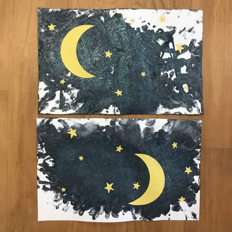 Fingerpainted night sky using black sparkly paint with moon and stars Moon Preschool Craft, Stars Preschool Crafts, Sky Preschool Activities, Space Crafts Preschool Planets, Moon Art For Preschool, Night Crafts For Toddlers, Day And Night Crafts For Toddlers, Night Time Theme Preschool, Light And Dark Crafts For Infants