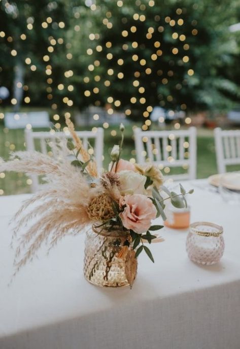 Pink And Gold Boho Birthday Party, Wedding Decorations Farmhouse, Bridal Shower Boho Table Decor, Small Boho Flower Arrangements, Boho Shower Centerpieces, Boho Guest Book Table, Pampas Baby Shower Centerpiece, Boho Bud Vase Centerpieces, Wedding Floral Centerpieces Diy