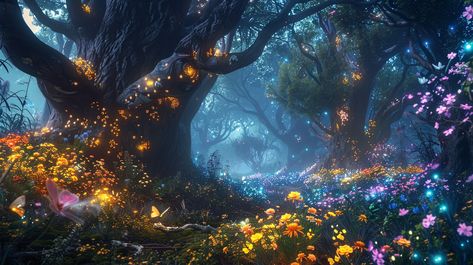 Enchanted Forest Glade: A mystical forest glade awash with bioluminescent flowers and butterflies under ancient, towering trees. #enchanted #forest #glade #bioluminescent #flowers #aiart #aiphoto #stockcake ⬇️ Download and 📝 Prompt 👉 https://ayr.app/l/5qD8 Enchanted Forest Desktop Wallpaper, Bioluminescent Flowers, Enchanted Theme, Enchanted Flowers, Forest Glade, Mystical Forest, Flowers And Butterflies, Macbook Wallpaper, Enchanted Forest