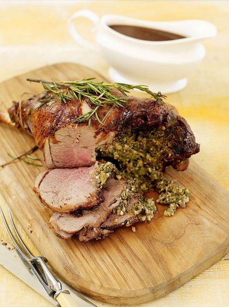 Stuffed leg of lamb with rosemary | Lamb Recipes | Jamie Oliver Recipes Stuffed Lamb Leg, Stuffed Leg Of Lamb, Rosemary Lamb, Leg Of Lamb Recipe, Stuffed Lamb, Lamb Leg Recipes, Fakeaway Recipes, Lamb Recipe, Lamb Leg