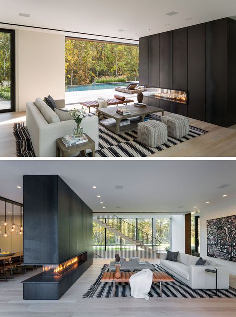 In this modern living room, the furniture is positioned to take advantage of the backyard view and the three-sided fireplace that's clad in blackened steel. #ModernLivingRoom #BlackSteelFireplace #Fireplace Living Room With Garden View, New Modern House, Fireplaces Ideas, Eco Homes, Southampton New York, Hall Stairs, Midcentury Design, Bright Design, Dream Furniture