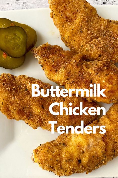 Baked chicken strips on a plate with pickles. Buttermilk Chicken Tenders Baked, Friend Chicken Tenders, Chicken Tenders Oven, Oven Fried Chicken Tenders, Buttermilk Crispy Chicken, Homemade Chicken Strips, Buttermilk Chicken Tenders, Homemade Chicken Tenders, Chicken Strip Recipes