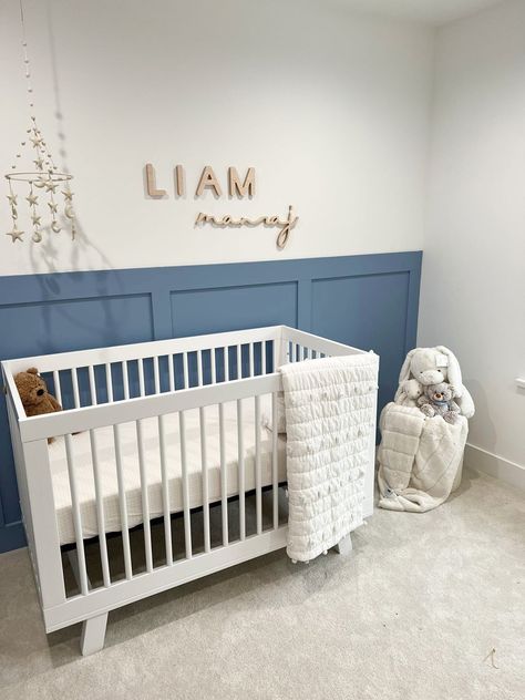 Board And Batten Accent Wall, Batten Accent Wall, Nursery Inspiration Boy, Luxury Baby Room, Blue Nursery Boy, Nursery Accent Wall, Baby Boy Room Decor, Nursery Name Sign, Nursery Room Design