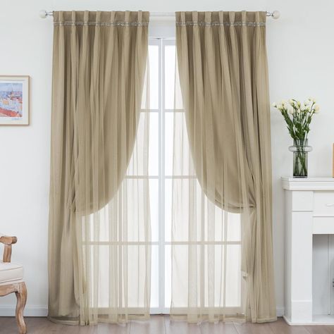 Layered Bedroom Curtains, Light Academia Curtains, Living Room Double Curtains, Curtain Inspo Living Room, Tall Curtains Bedroom, Double Curtain Ideas, Sheer And Blackout Curtains Together, Curtain Layering Ideas, Double Curtains Bedroom