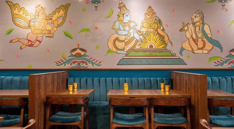 A traditional South Indian restaurant within a contemporary setting - Architect and Interiors India Tiles Restaurant, Resturant Interior Design, Resturant Interior, Indian Cafe, South Indian Restaurant, Restaurant Indian, Modern Restaurant Design, Rajasthani Art, Restaurant Themes