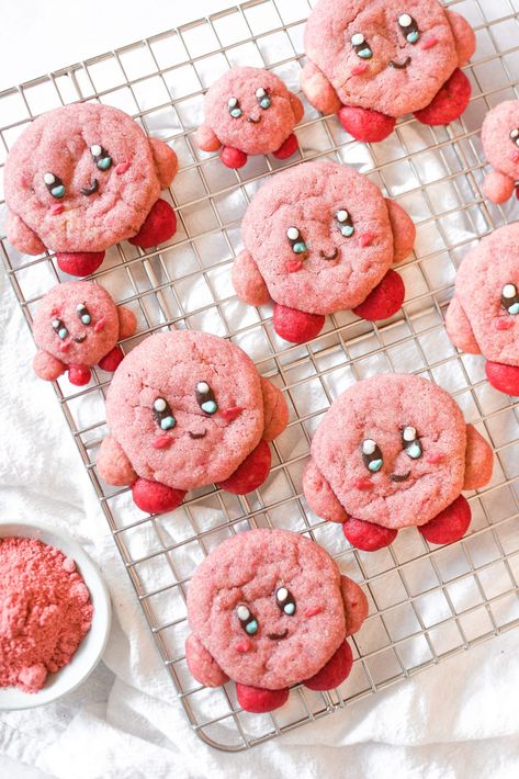 Kirby Cookies, Kirby Drawing, Easy Icing Recipe, Plain Sugar Cookies, Star Sugar Cookies, Cute Kirby, Strawberry Sugar Cookies, Kawaii Cookies, Strawberry Powder