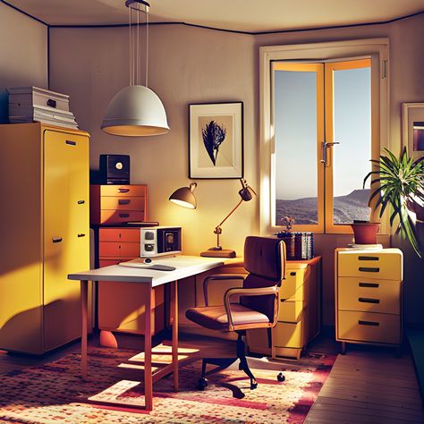 Dream home office warm cosy 1960s retro interior Scandinavian minimalist ochre brown burnt orange warm grey 60s Office, 1960s Office, Dream Home Office, Scandinavian Minimalist, Retro Interior, Dream House Interior, House Interiors, Warm Grey, Office Ideas