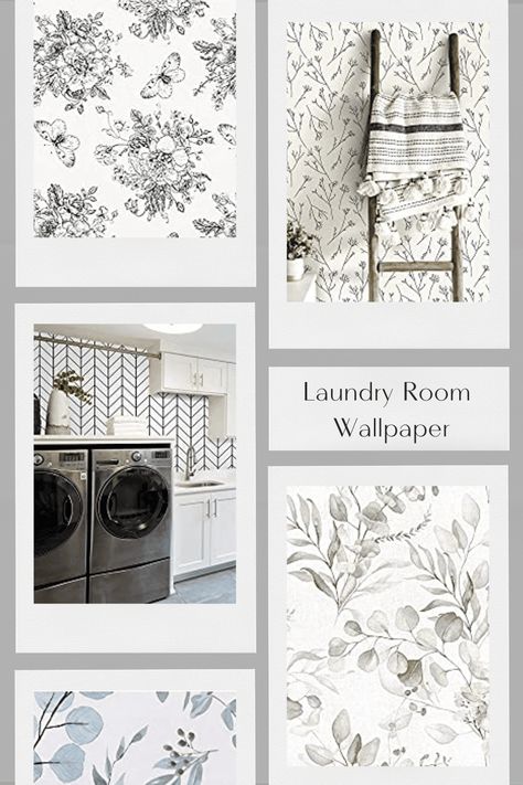 Wallpaper In Small Laundry Room, Wallpapers For Laundry Rooms, Laundry Room Statement Wall, Modern Farmhouse Wallpaper Powder Room, Removable Wallpaper Laundry Room, Farmhouse Wallpaper Laundry Room, Laundry Room Decor Wallpaper, Laundry Closet Wallpaper Ideas, Modern Farmhouse Wallpaper Bedroom