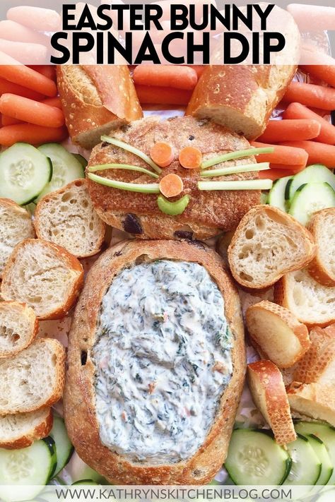 This Bunny Spinach Dip is so easy and cute for Easter! Served with baguette slices and fresh veggies for the ultimate Easter appetizer that everyone will love. #spinach #dip #appetizer #easter #easyrecipes #kidrecipes #easyeasterappetizer #easterappetizer #appetizer #spinachdip #easyrecipe Easter Spinach Artichoke Dip, Easter Bunny Bread Bowl Spinach Dip, Easter Bunny Spinach Dip, Easter Chips And Dip, Easter Spinach Dip, Bunny Spinach Dip, Knorr Vegetable Dip, Fresh Spinach Dip, Easter Dips