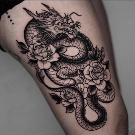 Dragon With Lotus Flower Tattoo, Cover Up Dragon Tattoo, Large Forearm Tattoo Coverup, Dragon Tattoo With Roses, Dragon With Roses Tattoo, Dragon And Rose Tattoo For Women, Rose Dragon Tattoo, Black Work Dragon Tattoo, Dragon Tattoo Flowers