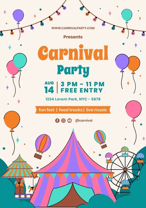 Linear Hand-drawn Carnival Party Fun Fest Invitation Carnival Party Invite, Fun Fair Illustration, Carnival Poster Design Graphics, Carnival Design Graphic, Fun Fair Poster, Carnival Graphic Design, Carnival Poster Design, Carnival Template, Carnival Invitation Template