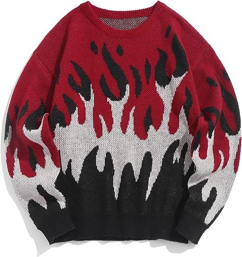 Flame Clothes, Fire Sweater, Flame Sweater, Y2k Outfits Winter, Sweaters Y2k, Loose Knit Jumper, Flame Graphic, Fire Pattern, Fire Clothes