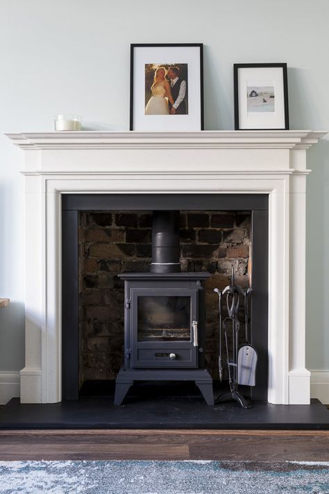 Edwardian Fireplace, Wood Burner Fireplace, Wood Burning Stoves Living Room, Studio Makeover, Sutton House, Log Burner Fireplace, Log Burner Living Room, Long Narrow Living Room, Cottage Fireplace