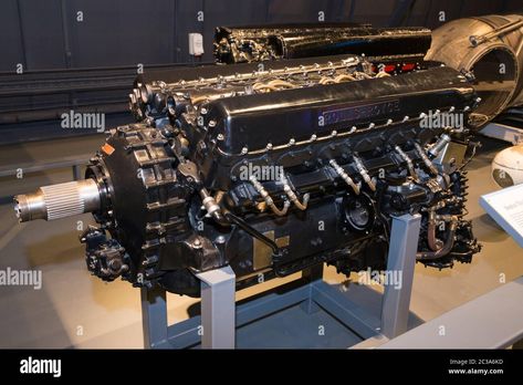 Rolls Royce Merlin lll engine; went on to be used in Spitfire and Hurricane fighter plane in the Battle of Britain. The Royal Air Force Museum London UK. (117 Stock Photo - Alamy Rolls Royce Merlin, Battle Of Britain, Royal Air Force, Fighter Planes, The Battle, Royce, Rolls Royce, London Uk, Merlin