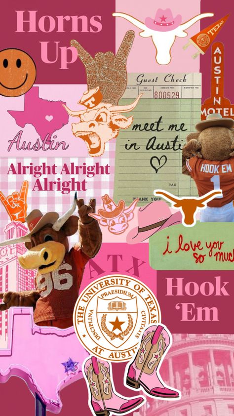 Pink, collage, The University of Texas at Austin College Canvas, Ut Longhorns, College Vision Board, Life Quotes Wallpaper, Pink Collage, Hook Em Horns, M Wallpaper, Ut Austin, Dream School