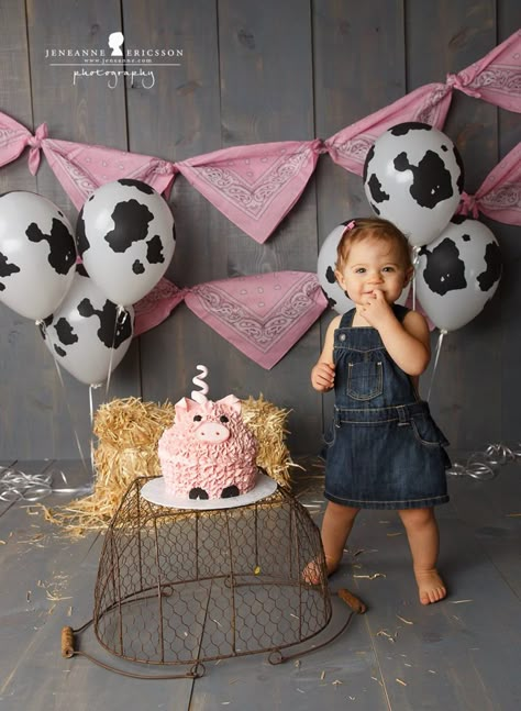 Girl farmer cake smash. Www.jeneanne.com Girls Farm Birthday, Cow Birthday Parties, Birthday Party Girl, Barnyard Birthday Party, Farm Theme Birthday, Farm Animals Birthday Party, Farm Themed Birthday Party, Rodeo Birthday, Cowgirl Birthday Party