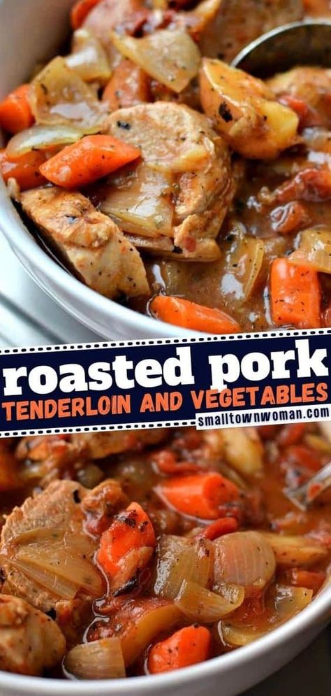 If you love warm, comforting meals, then this recipe is for you! The whole family is going to love this easy dinner that combines pork tenderloin and vegetables in a perfect blend of pantry spices and gravy. Serve this main dish like a soup or stew with crusty bread! Pork Tenderloin And Vegetables, Pork And Veggies, Oven Roasted Pork Tenderloin, Roasted Pork Tenderloin Recipes, Recipes Using Pork, Pork Dinners, Baked Pork Tenderloin, Roasted Pork Tenderloin, Feed Trough