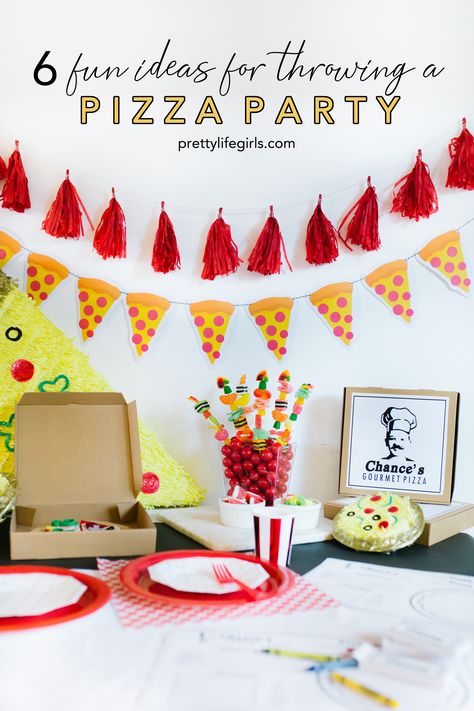 Best Pizza Party Ideas for the Most Epic Pizza Party Ever! - The Pretty Life Girls #partyideas #diypartyideas #easypartyideas #pizzaparty #cheappartyideas #birthdaypartyideas #familypartyideas #sportspartyideas Pizza And Cupcake Birthday Party, 3rd Birthday Pizza Party, Pizza Theme 3rd Birthday, Pizza Party Backdrop, Diy Pizza Party Decorations, Pizza And Pajamas Birthday Party, Christmas Pizza Party, Pizza Party Decor, Pizza Party Ideas