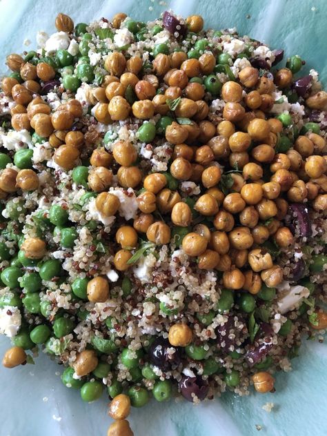 Quinoa with Peas, Feta, Mint, and Roasted Chickpeas Quinoa Peas, Mint Couscous, Roasted Potato Spiced Chickpea And Vegetable Quinoa Salad, Quinoa Microgreens, Quinoa Mint Salad, Quinoa Salad Feta Cheese, Feta Salad, Roasted Chickpeas, Quinoa Recipes