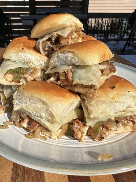 Chicken Philly Sliders - Grillin With Dad Kings Hawaiian Sliders Chicken, Chicken Sliders Recipes Kings Hawaiian, Philly Sliders, Sub Roll Recipe, Kings Hawaiian Sliders, Sliders Recipes Hawaiian Rolls, Hawaiian Sliders, Traeger Cooking, Easy Slider Recipes