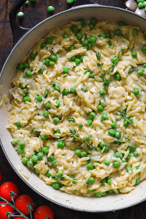 Creamy Garlic Parmesan Orzo with Green Peas. Lemon Orzo With Peas, Creamy Garlic Parmesan Orzo With Peas, Orzo With Peas And Parmesan, Orzo Peas Recipes, Orzo Peas Parmesan, Orzo Meals, Orzo And Peas, Orzo With Peas, Garlic Parmesan Orzo