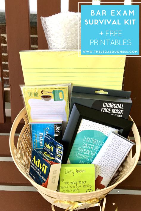 Have a friend studying for the Bar Exam? Make them a little survival basket to help them through. Full list of included items + free printables included! Bar Exam Survival Kit, Exam Survival Kit, Bar Exam Prep, Emergency Chocolate, Exams Gift, School Prep, Bar Exam, Hershey Chocolate Bar, Mini Wine Bottles