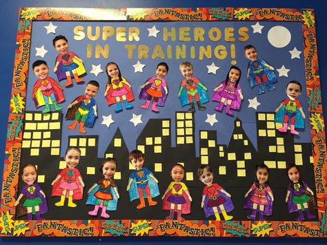 Superheroes Bulletin Board Ideas, Super Heroes Classroom Door, Super Hero Bulletin Board Preschool, Superhero Classroom Theme Bulletin Boards, Super Hero Bulletin Boards Elementary, Superhero Board Bulletin, Superhero Display Board, Super Hero Classroom Decorations, Superhero Hallway Decorations