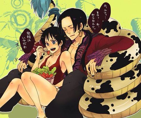 Genderbender of Luffy and Hancock from One Piece. I really like this!!< this looks like levi and eren from attack on titan .-. One Piece Genderbend, Luffy Boa Hancock, Luffy And Hancock, One Piece Ship, One Piece Funny, One Peice Anime, One Piece Drawing, One Piece Images, One Piece Comic