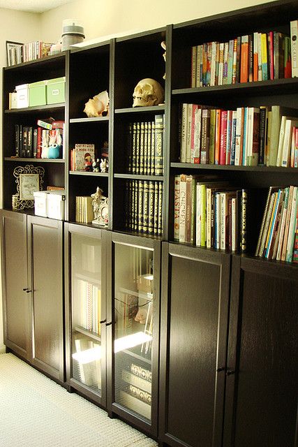 ikea billy shelves - love the deeper shelves.  Store beads and jewelry supplies on top, and fabric bolts on bottom, protected by glass doors.  And in white, please.  :) Billy Ikea, Glass Shelves Decor, Glass Shelves Kitchen, Ikea Inspiration, Ikea Billy Bookcase, Ikea Billy, Deep Shelves, Billy Bookcase, Office Furniture Design