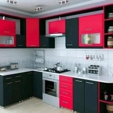 Black Kitchen Cupboards, Red And Black Kitchen, Pvc Furniture, Red Cabinets, Modular Kitchen Cabinets, Kitchen Design Color, Kitchen Modular, Kitchen Cupboard Designs, Kabinet Dapur