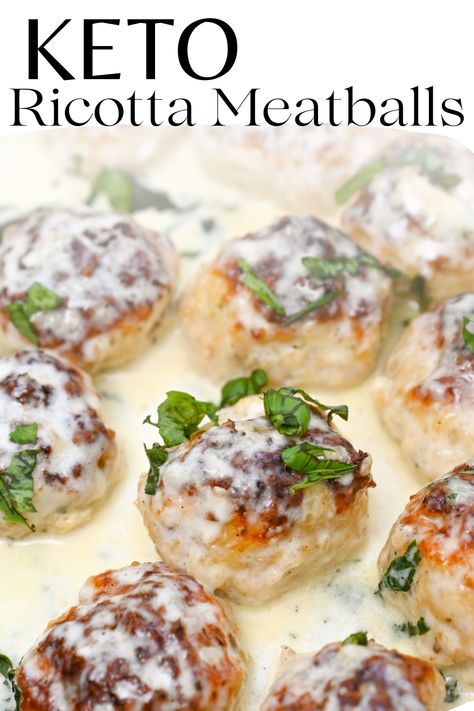 Enjoy a  keto feast with our Keto Ricotta Meatballs in Basil Cream Sauce. This dish combines juicy, ricotta-infused meatballs with a creamy, basil sauce for a low-carb, high-flavor experience. Ideal for anyone on a ketogenic diet looking for a satisfying main dish that doesn't skimp on taste. | Keto Recipes | Keto Main Dish | Low Carb | Keto Dinner | Easy Recipes | Healthy Eating | Ketogenic Diet | Low Carb Recipes Meatballs Ricotta, Keto Chicken Meatballs, Ricotta Meatballs, Low Carb Meatballs, Desserts Keto, Breakfast Low Carb, Keto Beef Recipes, Basil Sauce, Keto Cooking