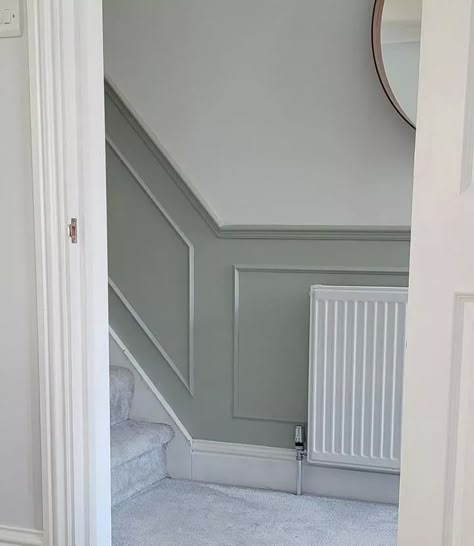 Bathroom Panelling Colour Ideas, Entrance Way Panelling, Panelling Hallway Colours, Wall Panelling Ideas Hallway, Beading Panelling Hallway, Panelled Hallway Stairs Colours, Half Height Panelling Hallway, Hall Ways Ideas Panelling, 1920s Hallway Ideas