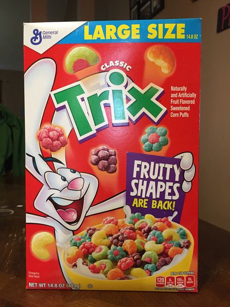 They brought the fruity shapes back in General Mills Trix cereal! #90s Trix Cereal, Colorful Breakfast, Kids Cereal, Corn Puffs, Fruit Cereal, Cereal Snacks, Crunch Cereal, General Mills, School Snack