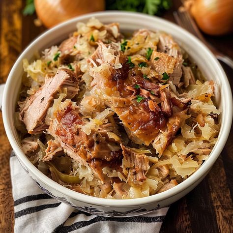 Pork And Sauerkraut Crockpot, Slow Cooker Pork And Sauerkraut Recipe, Sauerkraut And Apples, Tender Pork Tenderloin, Pork And Sauerkraut Recipe, Crockpot Sauerkraut, Pork And Sauerkraut, Sauerkraut Recipe, Meat Sweats