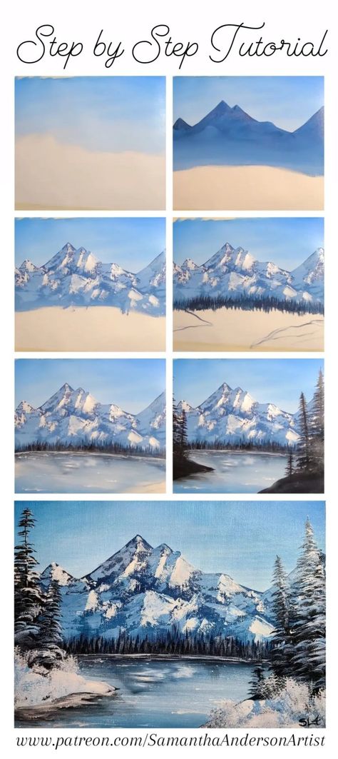 Easy Snowy Mountain palette knife acrylic painting tutorial Step By Step Painting Mountains, Painting On Canvas Step By Step, Painting Instructions Step By Step, Snow Mountain Painting Acrylic, Mountain Landscape Painting Tutorial, Diy Acrylic Landscape Painting, How To Paint Mountains Step By Step, Step By Step Mountain Painting, How To Paint Snowy Mountains