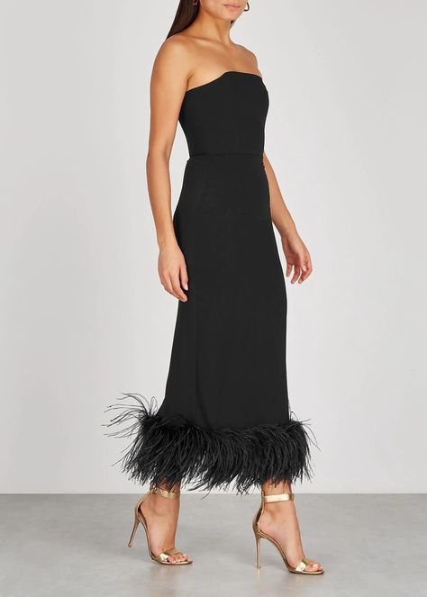 Feather Trim Dress, Fall Dress Trends, 16 Arlington, Dress With Feather Trim, Midi Dress Strapless, Black Feather Dress, Dress With Feathers, Rachel Green Outfits, Crepe Midi Dress