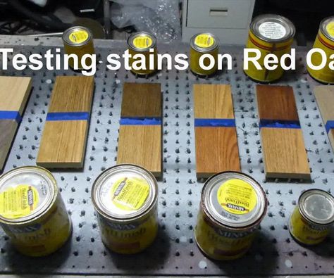 Effects of Different Stains on Red Oak Wood Minwax Stains On Red Oak, Stains On Mahogany Wood, Stains On Red Oak, Minwax Rustic Beige Stain, Staining Oak, Mahogany Wood Stain, Neutral Stain, Minwax Stain Colors, Weathered Oak Stain