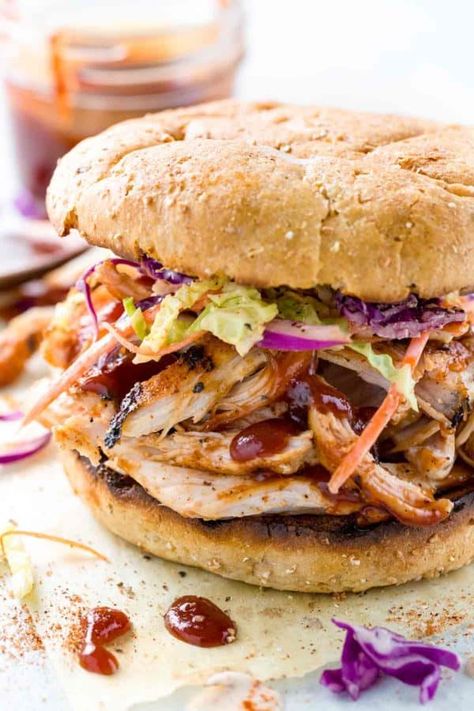 Pulled Chicken Sandwiches with Coleslaw - Jessica Gavin Barbeque Chicken Sandwich, Bbq Chicken Sandwiches, Bbq Pulled Chicken Sandwiches, Shredded Chicken Sandwiches, Braised Chicken Breast, Pulled Chicken Sandwiches, Bbq Chicken Sandwich, Barbeque Chicken, Grilled Bbq Chicken