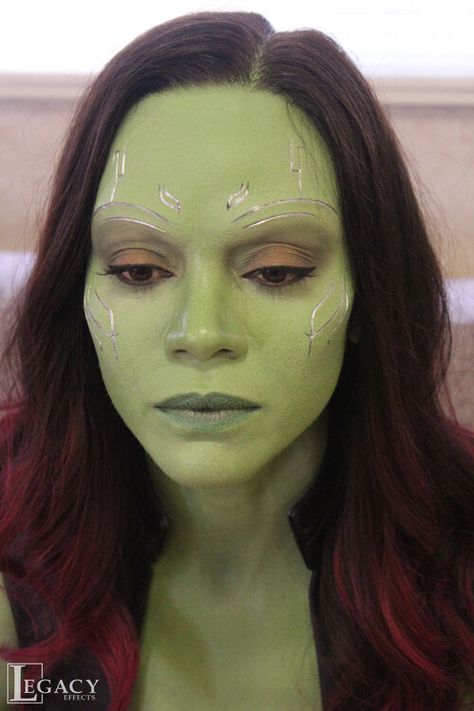 Gamora Costume Diy Makeup, Gamora And Peter Costume, Gamora Makeup, Gamora Cosplay, Gamora Costume, Gamora Marvel, Galaxy Makeup, Face Paint Makeup, Character Makeup