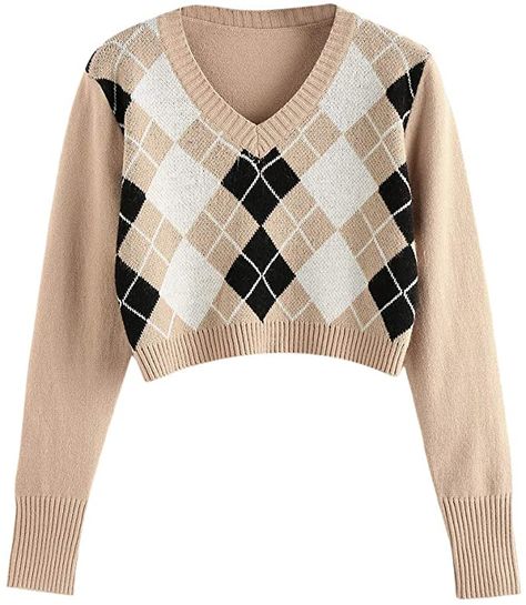 ZAFUL Women's Long Sleeve V-Neck Argyle Knitted Crop Sweater Pullover Tops (Tan, M) at Amazon Women’s Clothing store Jaket Crochet, Argyle Sweater Women, Autumn Outwear, Womens Knit Sweater, Crop Pullover, Knitting Women Cardigan, Fashionable Clothes, Plaid Sweater, Argyle Sweater