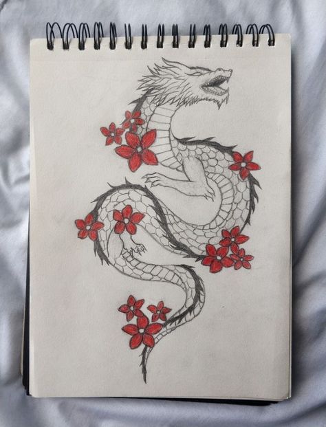 Dragon Art Sketch Easy, Easy Drawings Dragon, Red And Black Drawings Easy, Dragon With Flowers Drawing, Detailed Doodle Art, Dragon Painting Ideas On Canvas, Dragon Flower Drawing, Cool Dragon Drawings Easy, Easy Dragon Painting