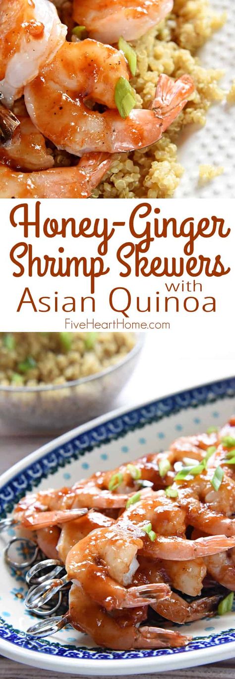 Honey Ginger Shrimp Bowl, Honey Ginger Shrimp, Ginger Shrimp, Asian Quinoa, Mixed Seafood Recipe, Homemade Bbq Sauce, Delicious Seafood Recipes, Honey Ginger, Shrimp Skewers