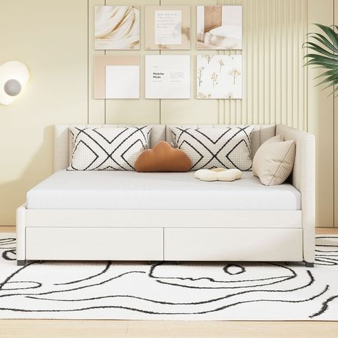 Full Size Upholstered Daybed with 2 Storage Drawers - Bed Bath & Beyond - 39990404 Office With Daybed, Daybed Couch, White Daybed, Guest Bedroom Home Office, Daybed Room, Full Size Daybed, Sofa Bed Frame, Daybed With Drawers, Upholstered Daybed