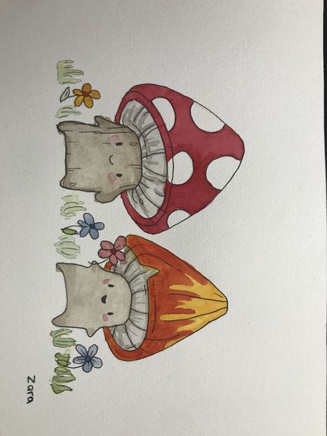 Two Mushrooms Drawing, Toad And Mushroom Drawing, Mushroom Fantasy Drawing, Mushroom And Flowers Drawing, Cute Toadstool Drawing, Mushrooms Animated, Mushroom Drawing Color, Mushroom Cute Art, Mushroom Drawing Colorful