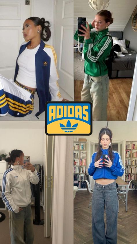 four women wearing trending adidas jackets in a four person collage Green Adidas Jacket, Adidas Jacket Outfit, Adidas Spezial Outfit, Colorful Adidas, Gazelle Outfit, White Adidas Jacket, Sambas Outfit, Adidas Gazelle Outfit, Adidas Spezials