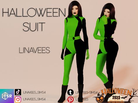 The Sims Resource - HALLOWEEN SUIT Shego Halloween, Sims Halloween Costume, Cas Sims 4, Sims 4 Halloween, Camille Dress, Halloween Suits, Unusual Clothes, Sims 4 Dresses, Retro Lingerie